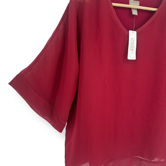 Chico's V Neck Sheer Overlay Dolman Sleeve Shirt Womens Size Medium 1 Wine Berry - Picture 2 of 8
